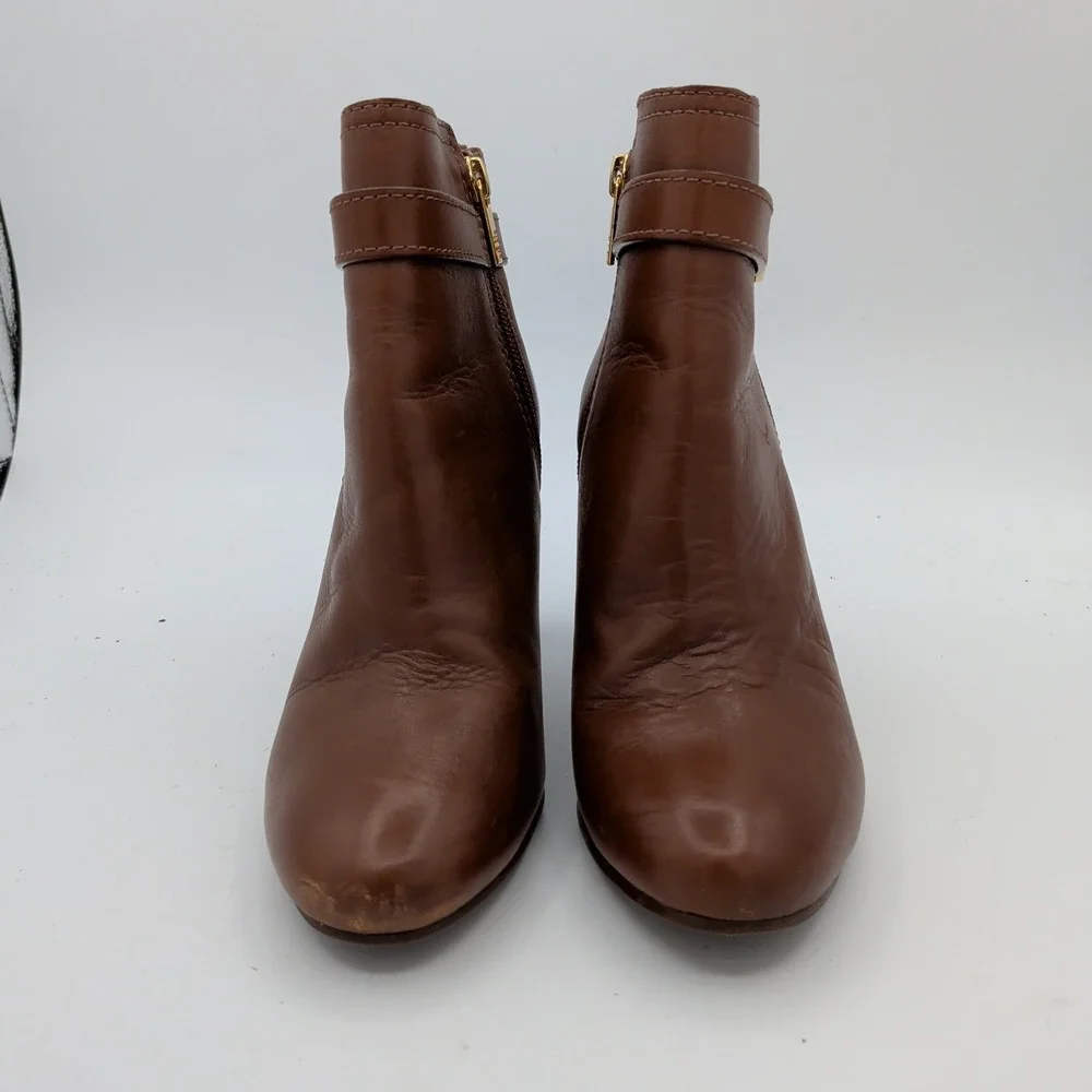 Tory Burch Bristol Brown Leather Ankle Booties Gold Logo Buckle 8.5M Brazil